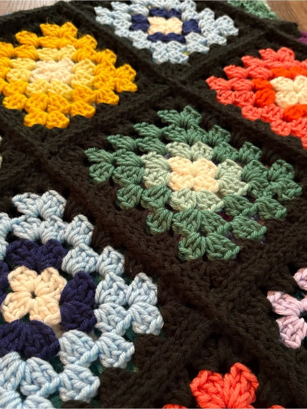 Handmade Multicolor Crochet Granny Square Throw Blanket with Black Border
